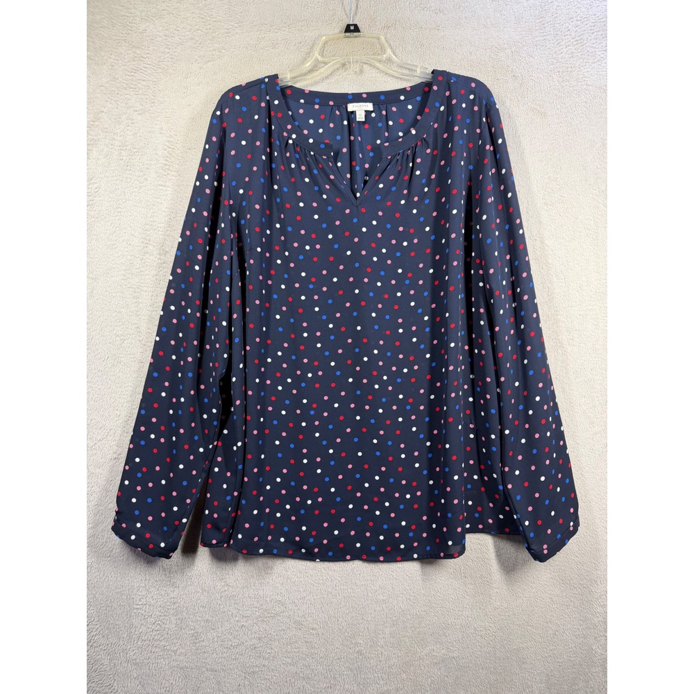 Talbots Blouse Women XL Navy Blue Polka Dot Long Sleeve Split Neck Top Workwear